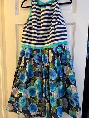 ModCloth Navy, White & Teal Striped Top Blue Floral Skater Dress